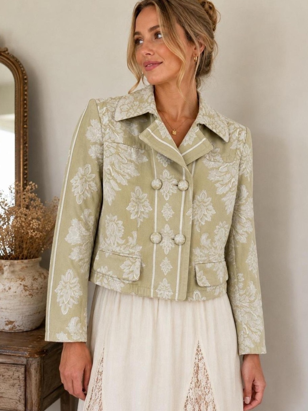 Apostrophe Citron Green Tapestry Cropped Jacquard Double Breasted Jacket size 2